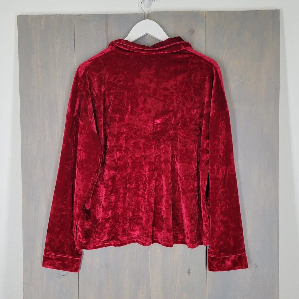 Lord & Taylor Pajama Top Womens Large Red Crushed Velvet Button Down Long Sleeve